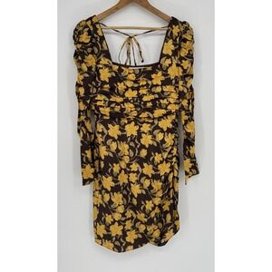 Floret Studios Women's Medium Brown Floral Shirred Long Sleeve Mini Dress‎ NWOT